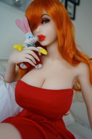 Jessica Rabbit TPE 150cm Piper Doll with long orange hair, wearing a red strapless dress, holding a plush rabbit toy.