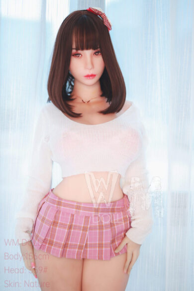 Zoe 156cm H Cup love doll with brown hair in white sweater and pink plaid skirt against sheer curtain backdrop