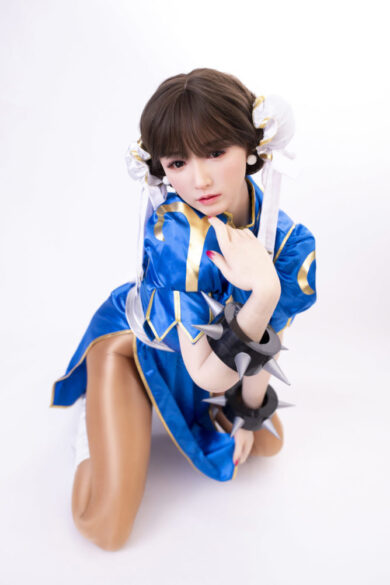 T1 Miyou T159 Anime Kungfu 5ft3 costume with spiked bracelets displayed on the floor against a white background capturing essence of a love doll