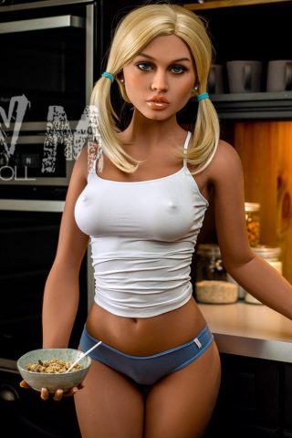 Kayla 166cm C Cup #370 stands in a kitchen wearing a white tank top and blue panties, holding a bowl of cereal.