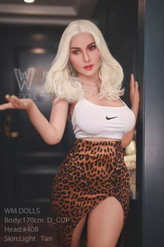 Addison – 170cm D cup sex doll wearing a white crop top and leopard print skirt, posing with one hand on a wall.