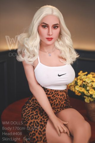 Addison – 170cm D cup sex doll wearing a white Nike tank top and a leopard print skirt, seated with light skin and long blonde hair.
