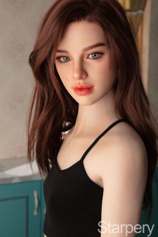 Hedy – 171cm A-Cup Starperry Sex Doll with long brown hair, wearing a black tank top, and a soft expression.