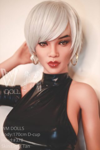 Lara – 170cm D Cup with #378 Head WM Doll, featuring a short blonde hairstyle, black sleeveless outfit, and hoop earrings.