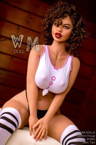 WM Doll 156cm H Cup head #360 features a tan skin tone, curly hair, and is dressed in a white shirt and black underwear.