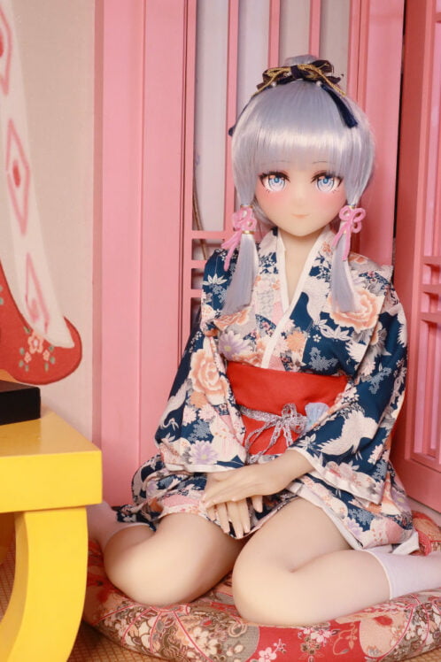 Rei 148cm B Cup #48 Head poses on cushion in Japanese room wearing floral kimono