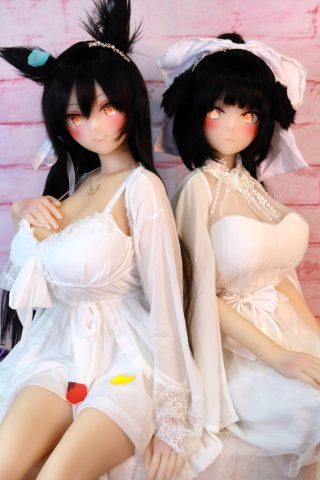 Asami 155cm F-Cup dolls sit side by side, wearing sheer white dresses with lace details against a pink backdrop.