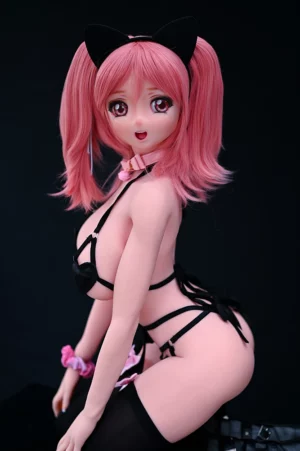 Anime-style sex doll of Tsukishima Izumi with pink hair, cat ears, and strappy black attire in a playful pose against a dark background.