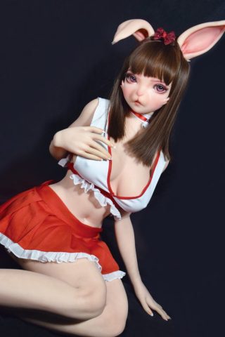 Aida Rina – 150cm Elsa Babe Bunny silicone sex doll in a red skirt and white top with bunny ears.
