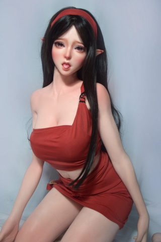 Hanasaki – 150cm Elsa Babe Silicone Sex Doll in a red outfit with a single strap, long black hair, and pointed ears.
