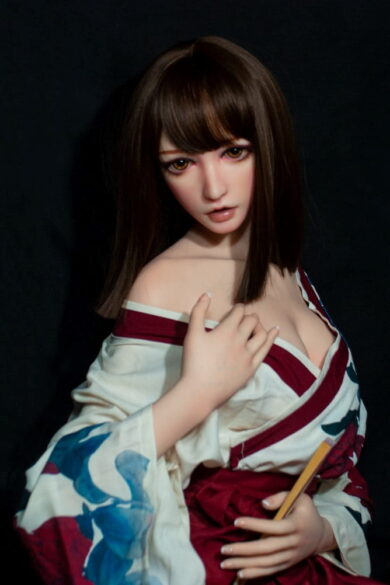 Fujii Kanon 165cm ElsaBabe love doll with long brown hair in a floral kimono against dark background