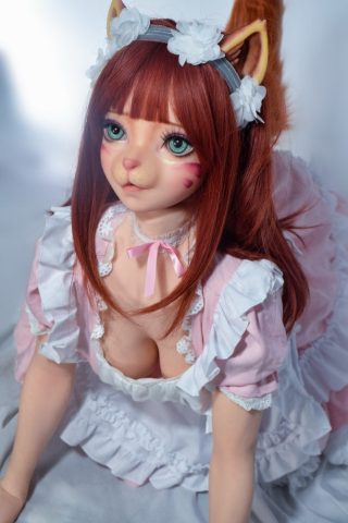 Mori Yuki – 150cm furry silicone sex doll in a pink and white maid outfit with cat ears and a tail.