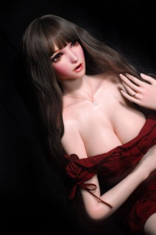Ran – 165cm Elsa Babe silicone sex doll wearing a deep red off-shoulder dress, with long brown hair and a necklace.
