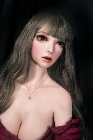 Ran – 165cm Elsa Babe silicone sex doll with long gray hair, wearing a deep red off-shoulder dress and a delicate necklace.