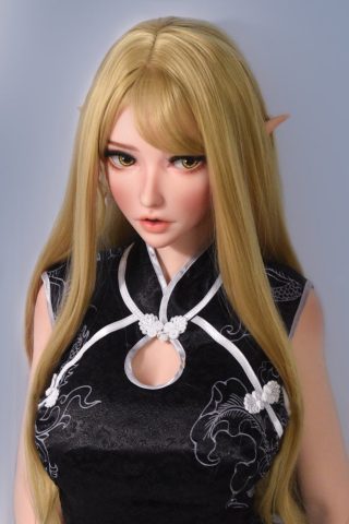 Ria – 165cm Elsa Babe silicone sex doll wearing a black dress with white accents and long blonde hair.