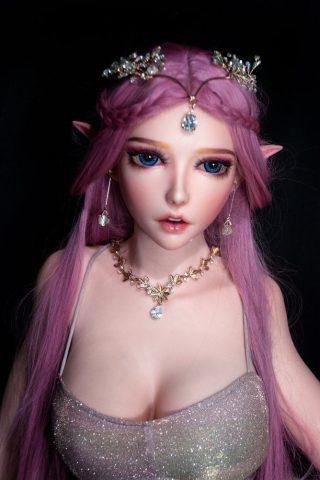 Rie – 150cm Elsa Babe silicone sex doll with long purple hair, wearing a sparkly top and elegant jewelry.