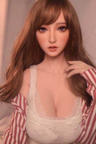 Yoshikawa Yu 165cm wearing a white lace top and striped cardigan, with long brown hair and purple eyes.