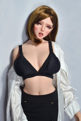 Yukina – 150cm Elsa Babe Silicone Sex Doll wearing a black bra and a white shirt, posed with a sultry expression.