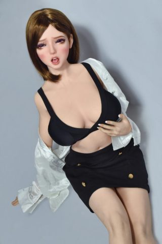 Yukina – 150cm Elsa Babe Silicone Sex Doll wearing a black top and skirt, with a white shirt draped over her shoulders.