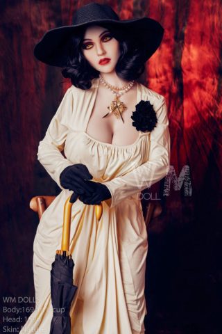 Lady Dimitrescu Sex Doll 169cm L Cup wearing a white dress, black gloves, and a wide-brimmed hat, holding an umbrella.