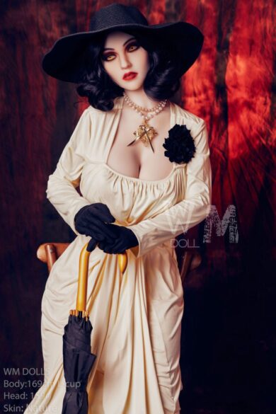 Lady Dimitrescu 169cm L Cup #159 WM sex doll in cream dress with black gloves, wide-brim hat, and closed umbrella against red and brown backdrop