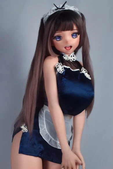 Koda Sayuri 148cm ElsaBabe M Breasts doll in maid outfit with long brown hair and big blue eyes, posing cheerfully.