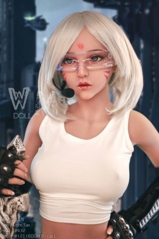 Sora V 160cm B-Cup with #454 Head WM Doll wearing a white crop top and futuristic glasses, posing against a sci-fi background.