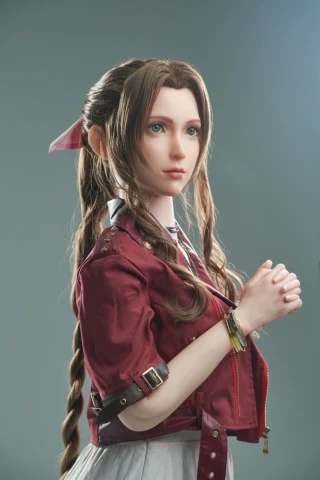 Aerith Sex Doll Game Lady (4) stands with braided hair, wearing a red jacket and white dress, with a neutral expression.