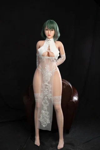 Gin F Cup GE57Z Fair Skin Silicone Sex Doll, 15, wearing a sheer white dress with lace details, standing in a seated pose.