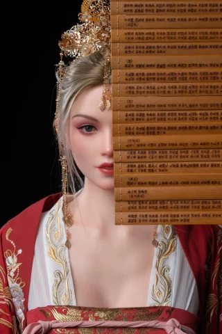 Kaia 170cm C Cup doll wearing a red and white traditional outfit, partially obscured by a wooden screen.