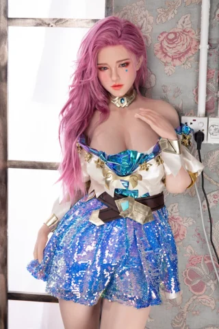Starpery 171cm D cup Saner Cilicon doll wearing a colorful sequined dress with a blue and white design, featuring long pink hair.