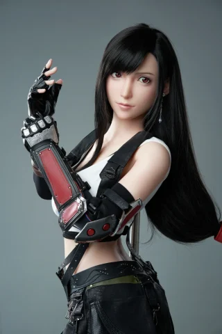 Tifa Lockhart Sex Doll 167cm, featuring long black hair, a white tank top, and a detailed red and black arm guard.