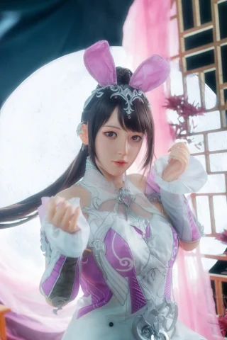 Zari 155cm C Cup fair skin doll in a white and purple outfit with bunny ears, posing with a determined expression.