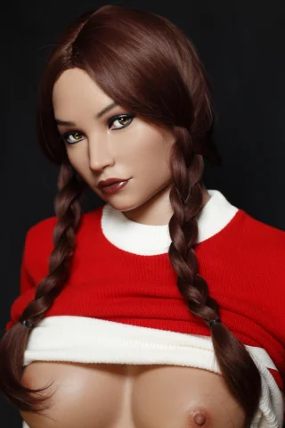 Zelia 170 cm C Cup Tan Zelex Silicone Love Doll wearing a red sweater, with brown braided hair and a sultry expression.