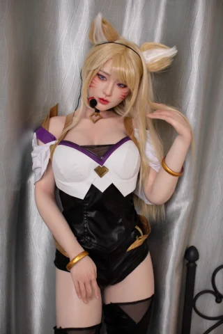 171D Lia doll in light tan, wearing a black and white outfit with purple accents and fox ears, posed against a textured backdrop.