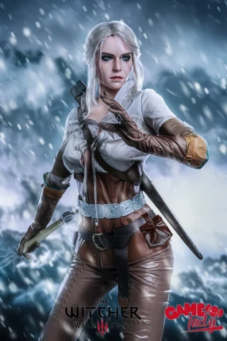XNX Georgina 162cm stands in a snowy landscape, wearing a white shirt and brown leather armor, with a sword at her side.