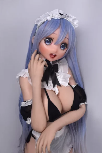 Anime-style sex doll with long blue hair in a maid outfit, playful pose with hand near face