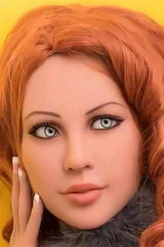 Doll with long red hair and green eyes, wearing a fur collar and posing against a yellow background.