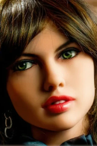 Doll #124 features long brown hair, green eyes, and full lips, set against a blurred indoor background.