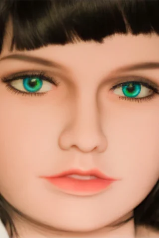 141 doll with short black hair and bright green eyes, featuring a smooth skin texture and neutral expression.
