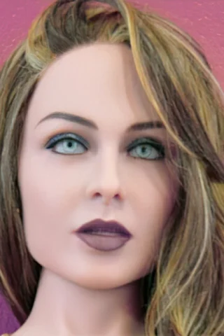 152cm doll with long, wavy hair, striking blue eyes, and dark lipstick against a pink background.