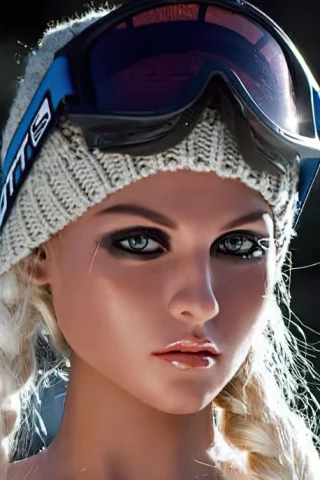 159cm doll with braided hair wearing a knitted beanie and ski goggles, featuring striking blue eyes and a neutral expression.