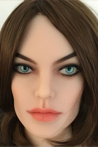 168cm doll with long brown hair, striking blue eyes, and defined facial features, sitting against a dark background.