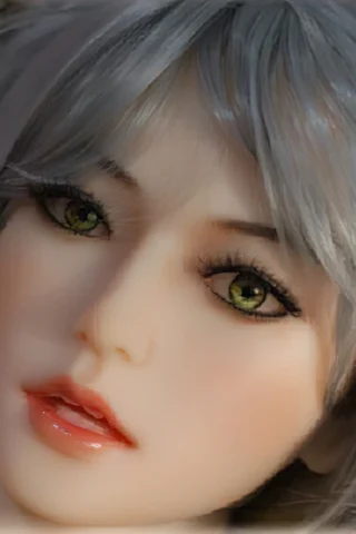 175cm doll with short silver hair and green eyes, featuring a soft expression and glossy lips.