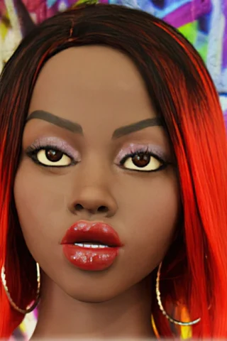 176cm doll with long red and black hair, bold makeup, and hoop earrings against a colorful graffiti background.