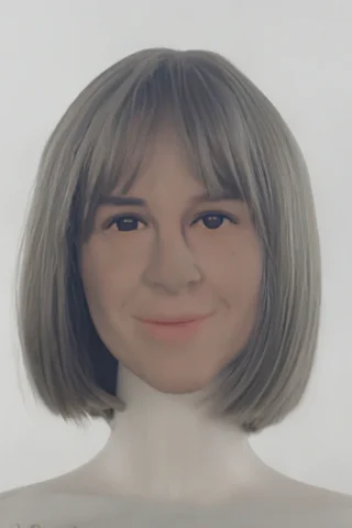 199 doll with short gray hair and a neutral expression, featuring a smooth, realistic face and a plain background.