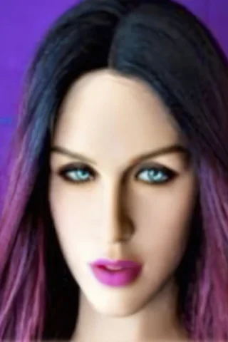 Doll with long hair and striking blue eyes, featuring purple ombre highlights and a bold pink lip color.