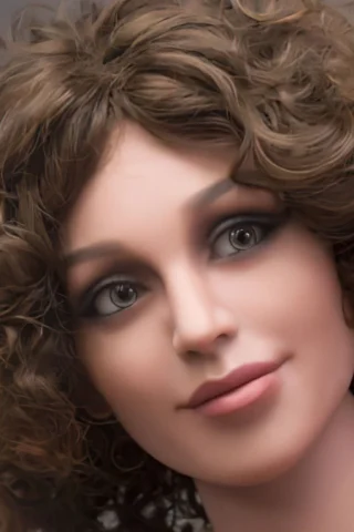Doll 205 features curly brown hair, realistic gray eyes, and a soft smile against a neutral background.