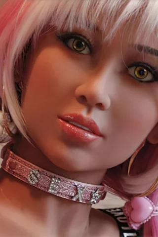 221 doll with pink hair and brown eyes, wearing a choker and hoop earrings, gazing directly at the viewer.
