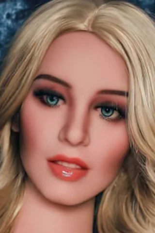 234 doll with long blonde hair and blue eyes, wearing natural makeup against a dark blue background.